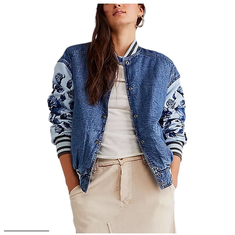 Free People Denim and White Floral Varsity Jacket - Picture 3 of 5